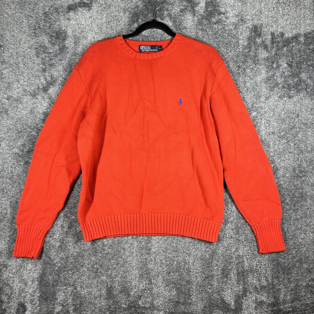 Polo By Ralph Lauren Sweater Mens L Orange Crew Neck Cotton Embroidered Pullover